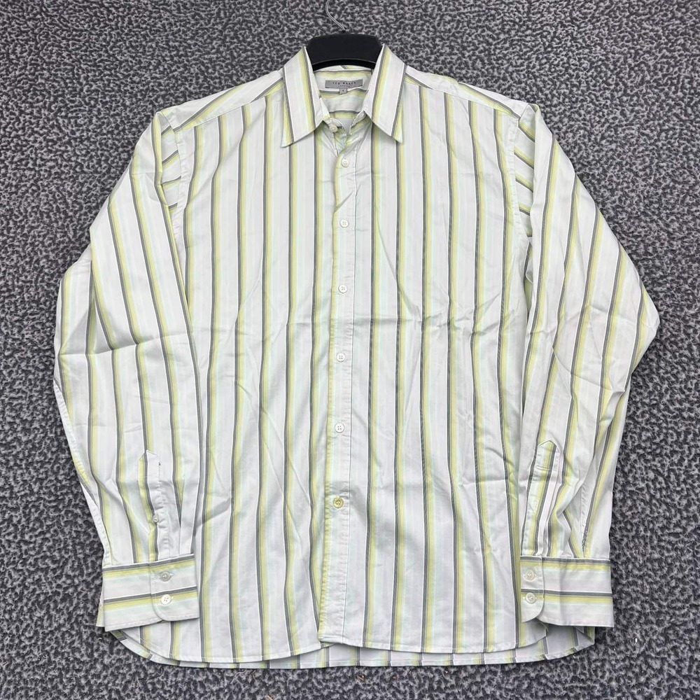 Ted Baker London Button Up Shirt Men 5 White Yellow Long Sleeve Striped Collared